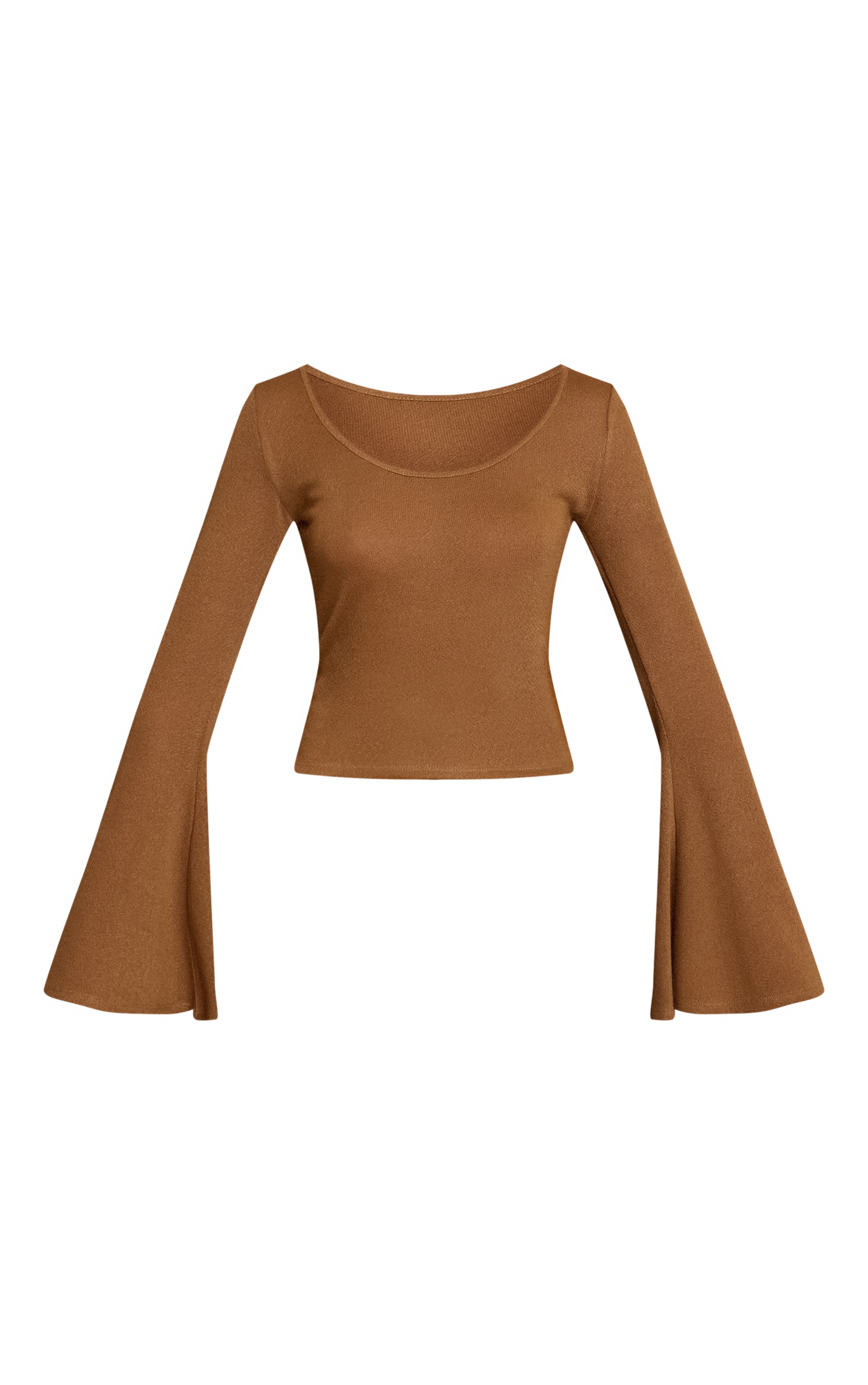 Top en jersey texturé marron clair à col rond et manches longues evasées image 5