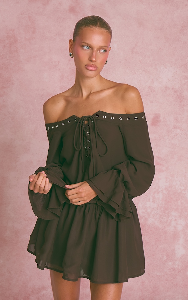 Dark Brown Lace Up Front Bardot Top