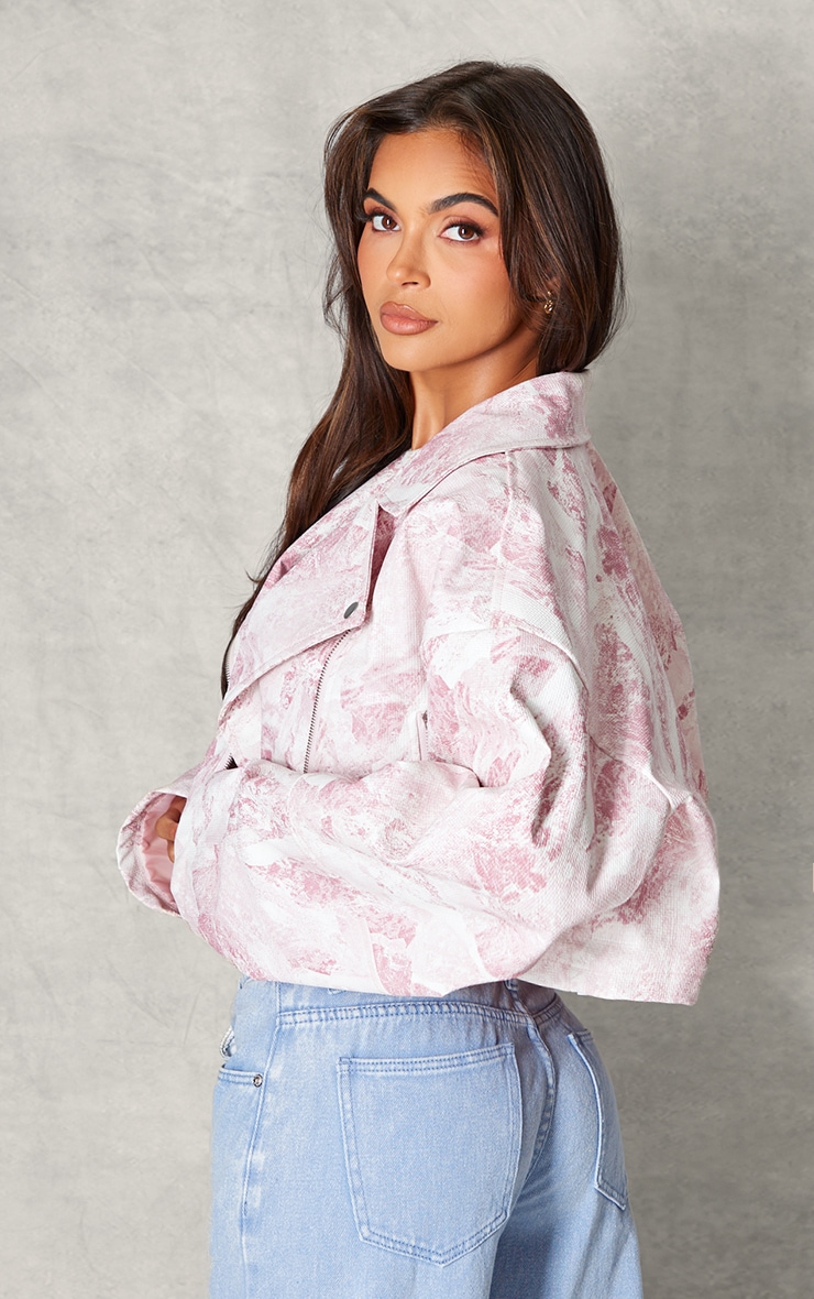 Pink Printed Textured Faux Leather Crop Biker Jacket image 2