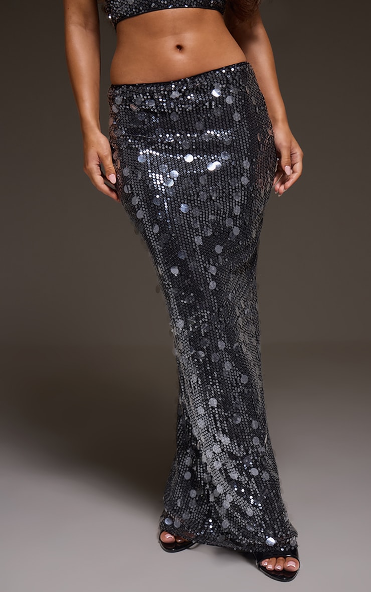 Black Sequin High Waisted Maxi Skirt image 2