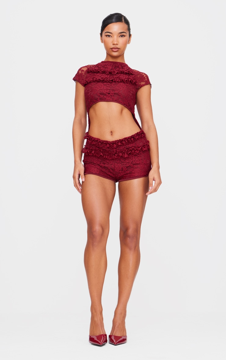 Burgundy Lace Ruffle Detail Cut Out Rara Skort Romper image 3