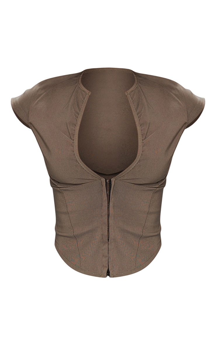 Khaki Stretch Woven Hook Eye Cap Sleeve Long Top Tops PLT UAE