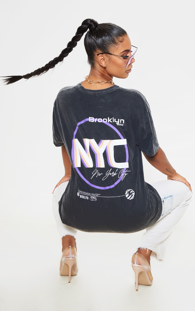 Grey Print Oversized Washed T Shirt