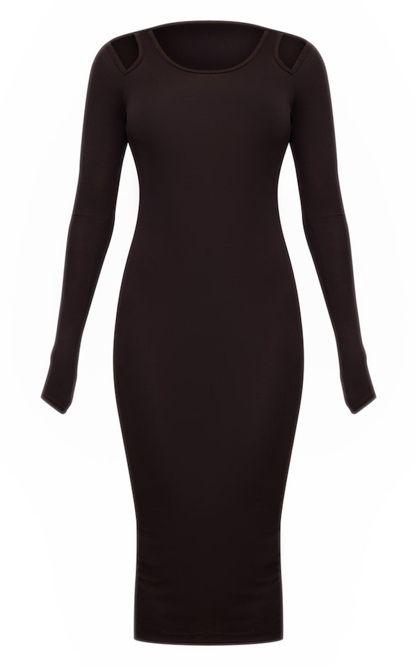 Chocolate Jersey Strap Long Sleeve Midaxi Dress PrettyLittleThing