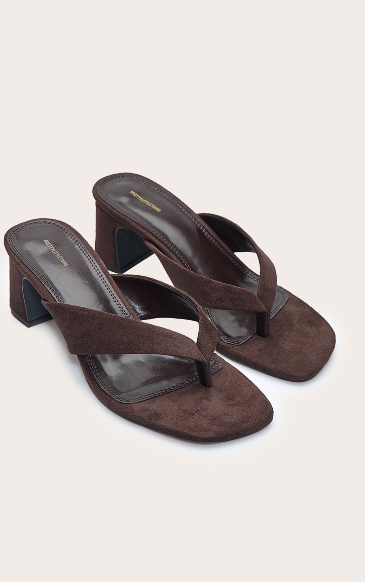 Chocolate Faux Suede Low Block Heel Toe Thong Mules image 5