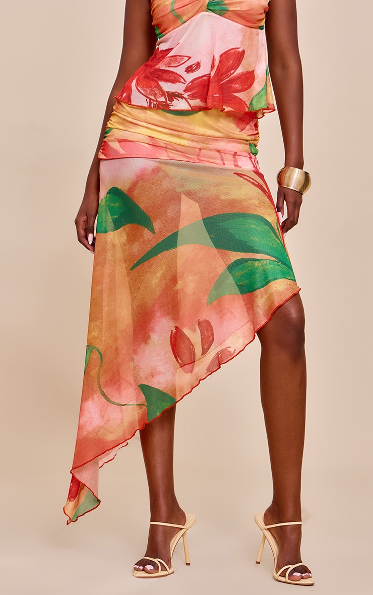 Multi Print Mesh Asymmetric Midi Skirt image 2