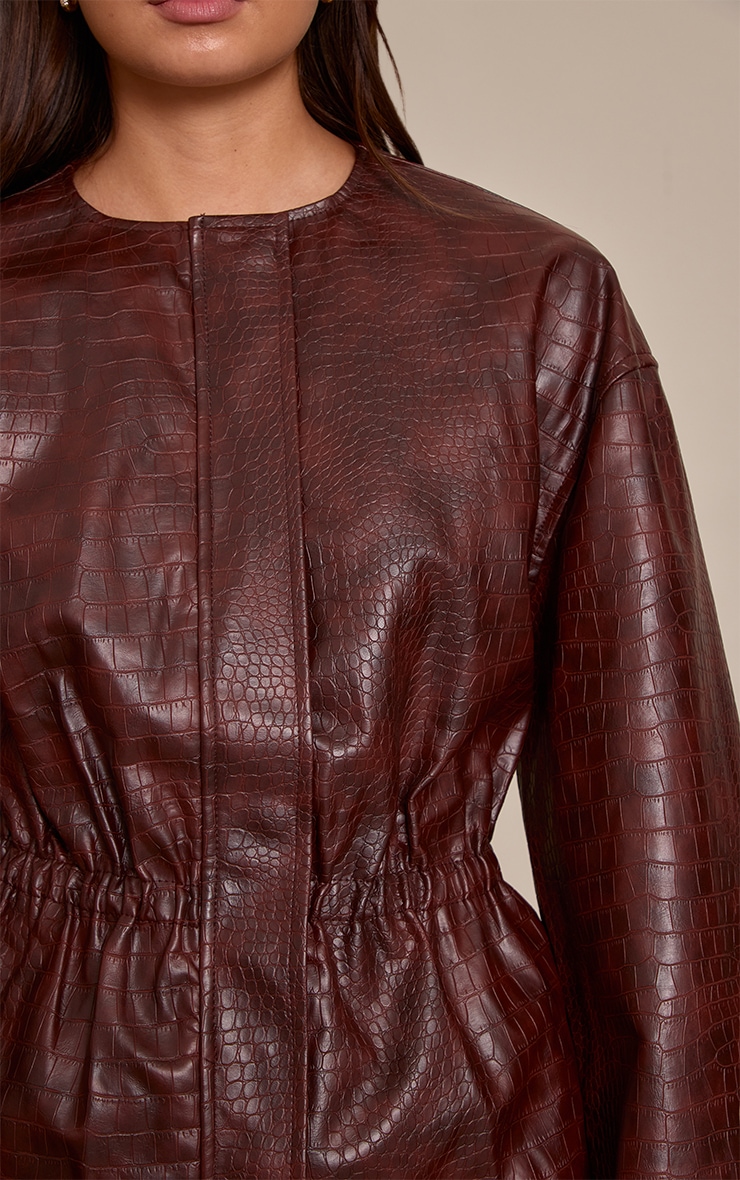Brown Croc Faux Leather Cinched Waist Jacket image 4