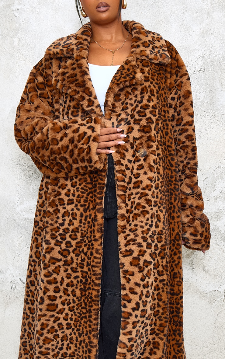 Plus Brown Soft Faux Fur Leopard Print Maxi Coat image 4