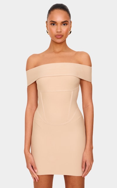 Beige Bandage Corset Detail Off The Shoulder Mini Dress