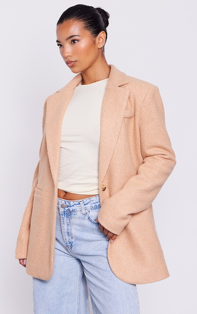 Camel Double Breasted Boucle Borg Blazer