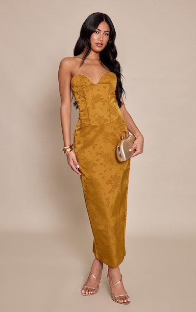 Robe mi-longue corset en jacquard vert olive à agrafes et oeillets