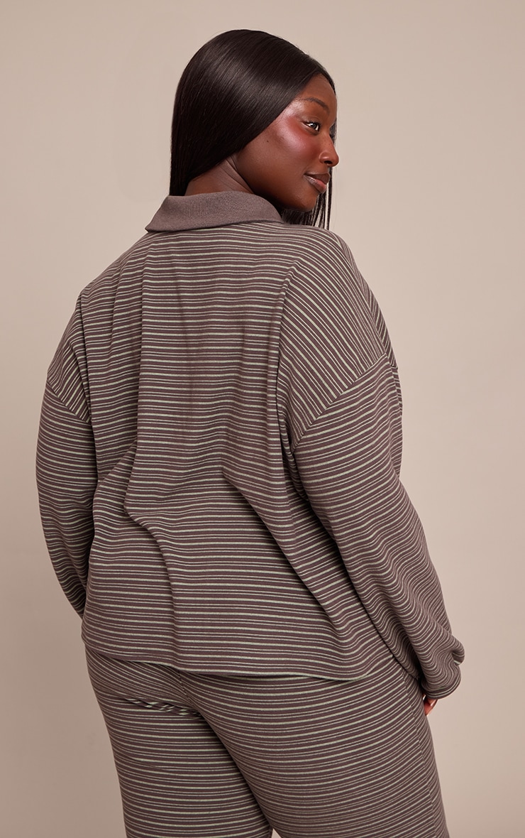 Plus Dark Green Striped Soft Fleece Polo Quarter Zip Sweatshirt image 2