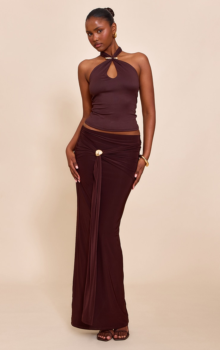 Chocolate Double Layer Soft Touch Trim Detail Halterneck Long Top image 3