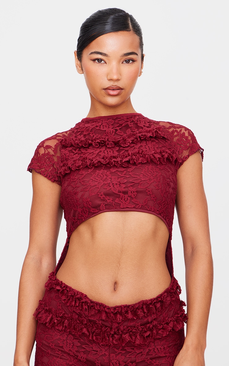 Burgundy Lace Ruffle Detail Cut Out Rara Skort Romper image 4