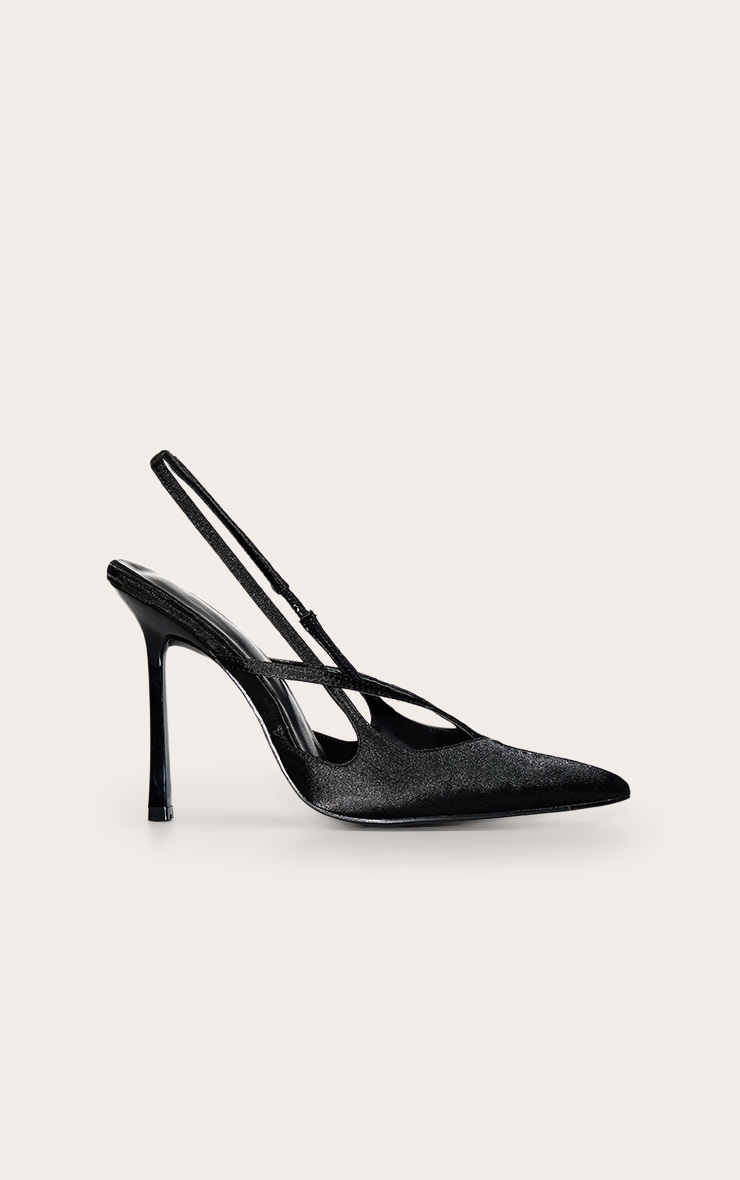 PLT Label Black Satin Sling Back Strappy Stiletto Heel Court image 2