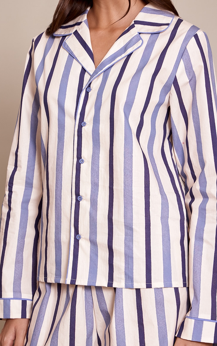 Blue Stripe Poplin Long Sleeve Top and Shorts PJ Set image 4