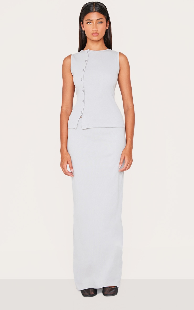 Grey Ribbed Asymmetric Button Up Vest Top image 3
