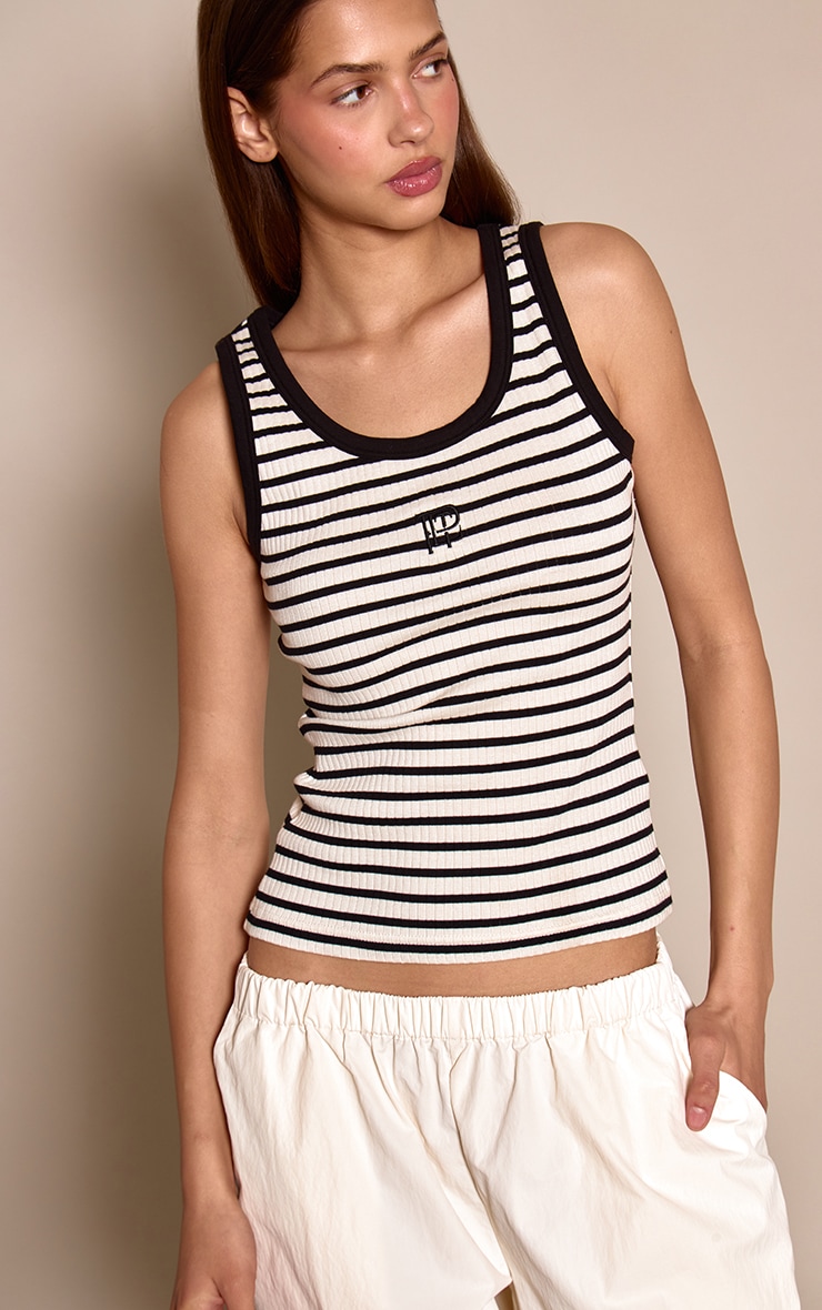 Monochrome Striped Jersey Logo Detail Racer Vest Top