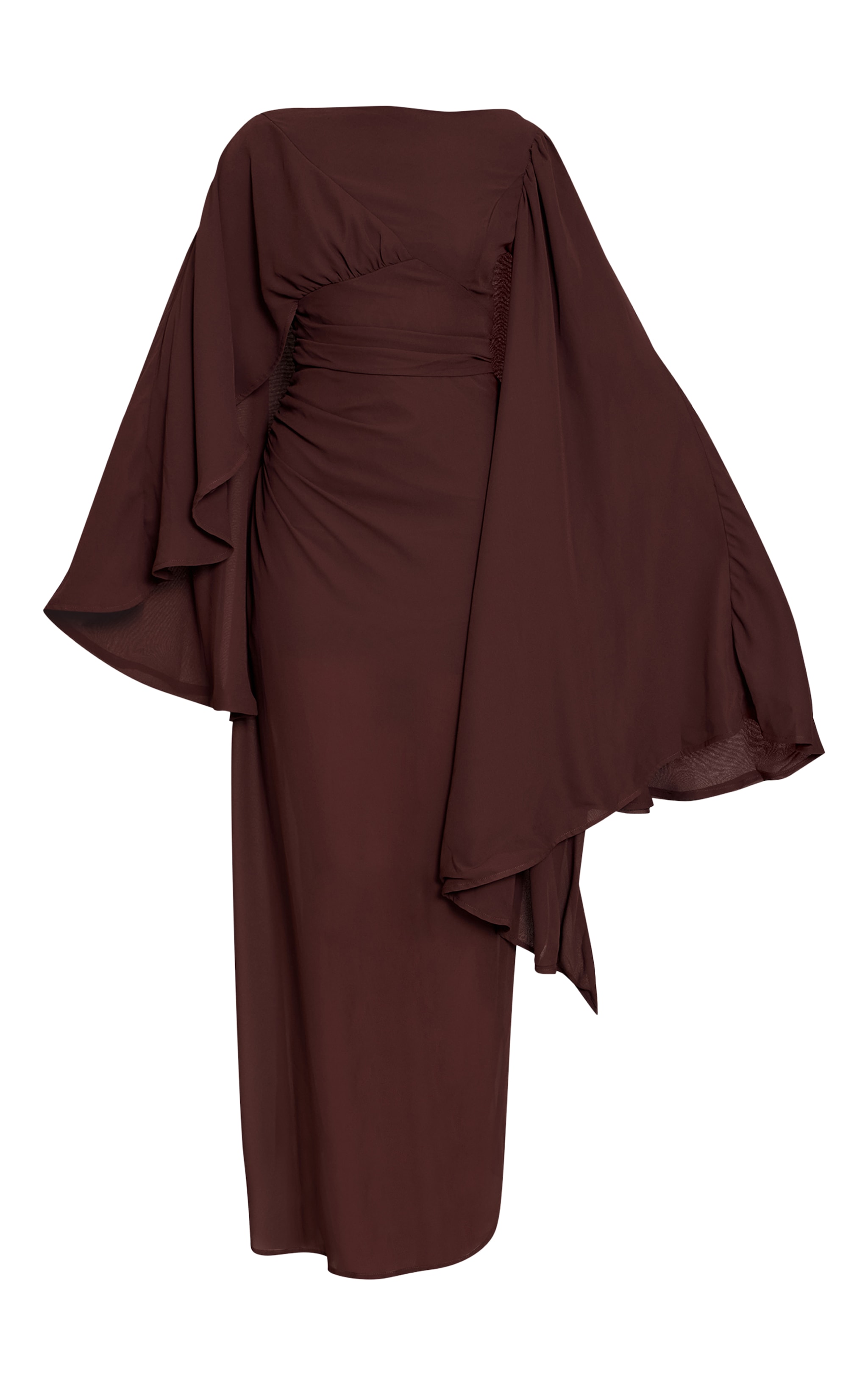 Robe longue en mousseline de soie chocolat à détail cape image 5