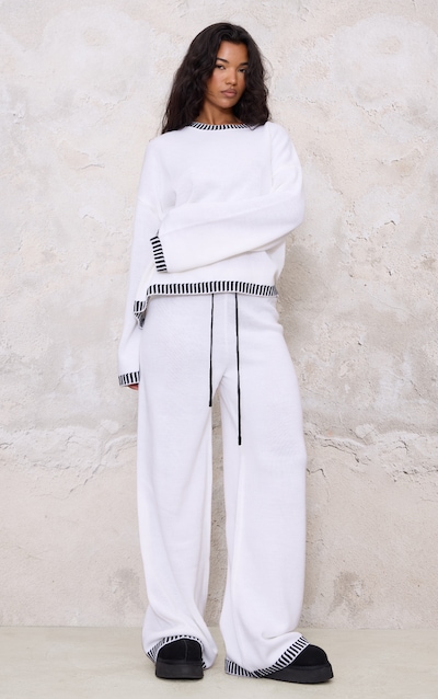 White Contrast Stitch Detail Knit Drawstring Waist Pants