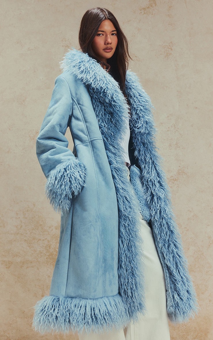 Powder Blue Faux Fur Trim Maxi Coat image 3