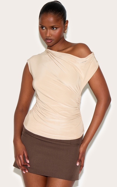 Sand Double Layer Slinky Backless Asymmetric Long Top