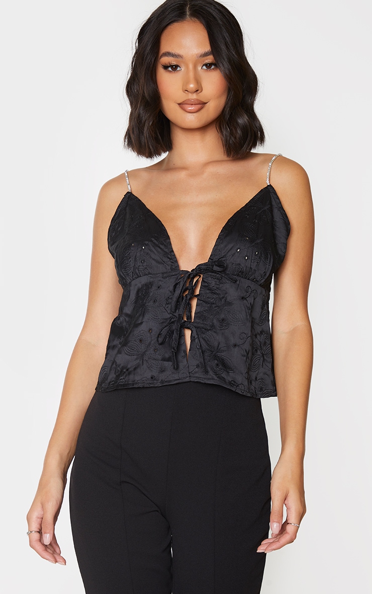 Black Woven Embroidered Tie Front Diamante Strap Crop Top