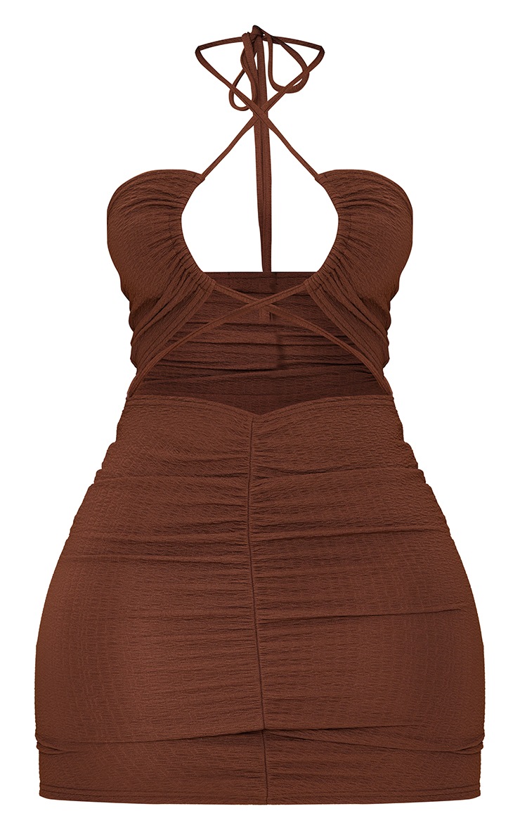 Shape Chocolate Brown Textured Tie Detail Ruched Front Bodycon Dress image 5