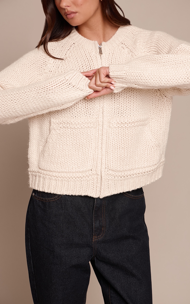 Ecru Chunky Knitted Zip Up Cardigan image 4