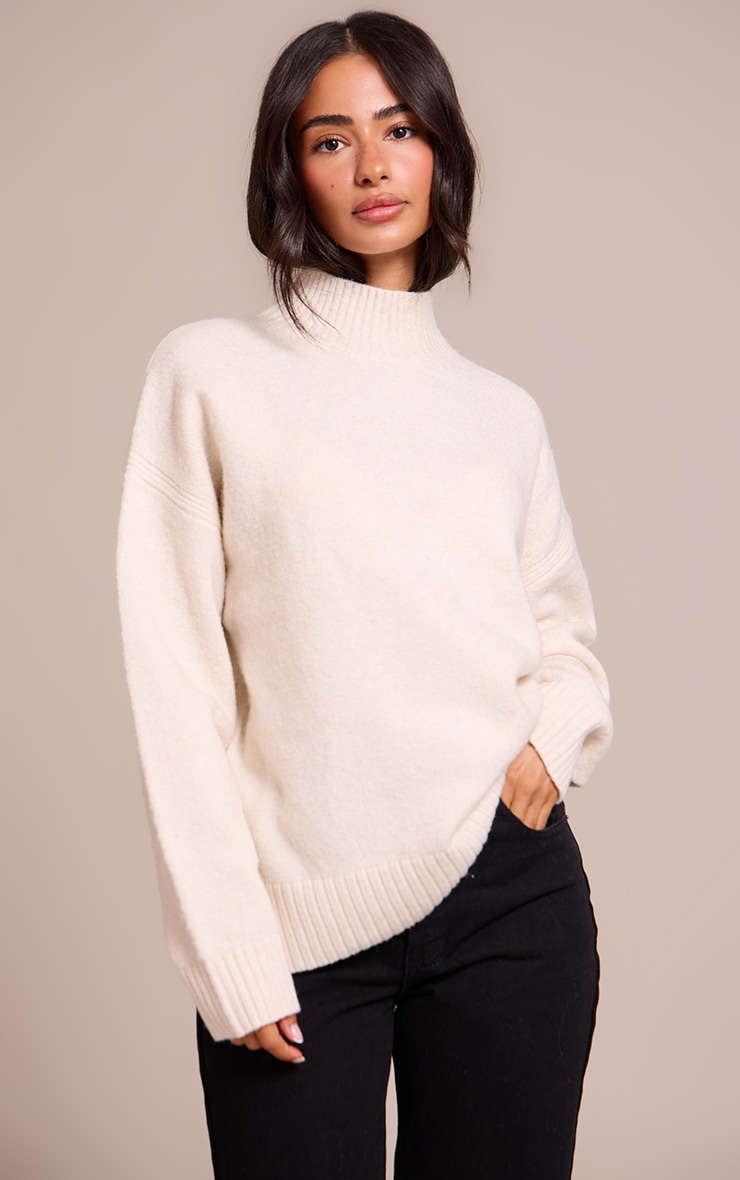 Petite Cream Knit Oversized Polo Neck Sweater image 4