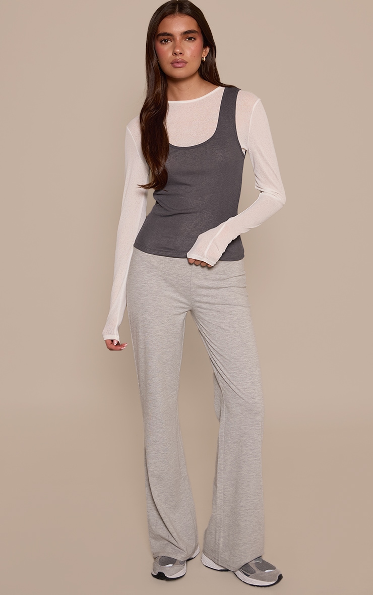 Grey Contrast Burnout Mesh Overlay Detail Long Sleeve Top image 3