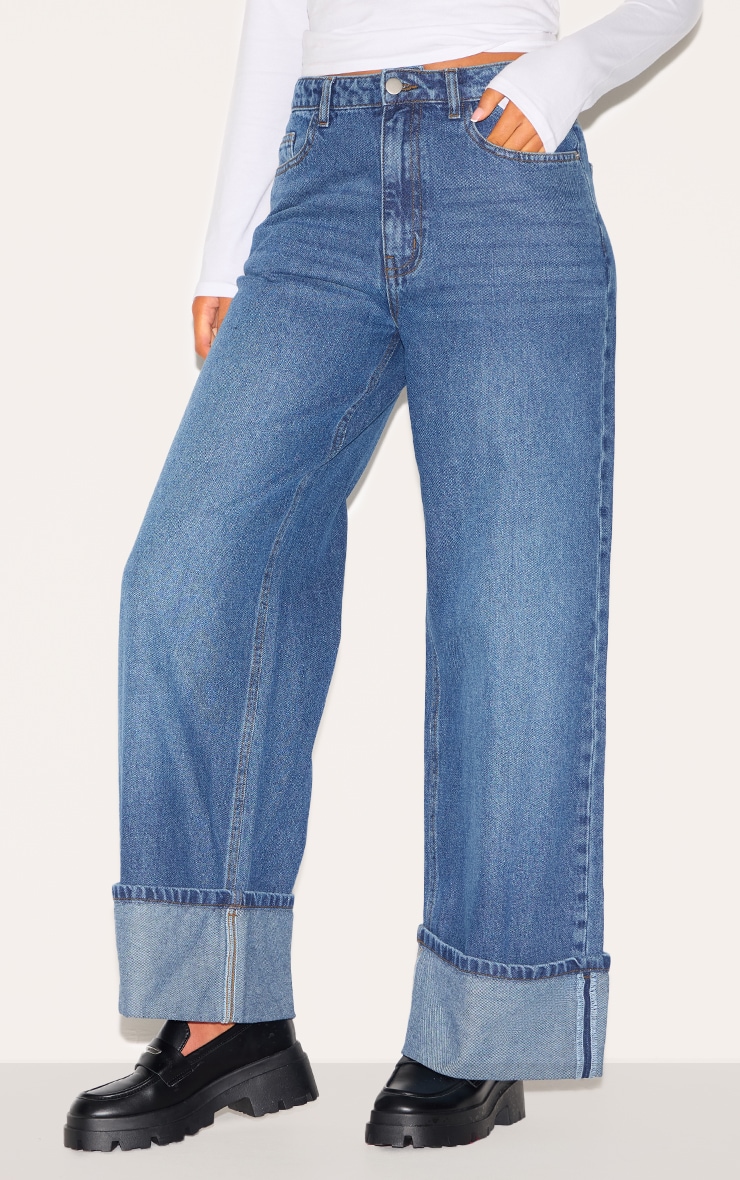 Tall Washed Blue Distressed Turn Up Hem Jeans image 2