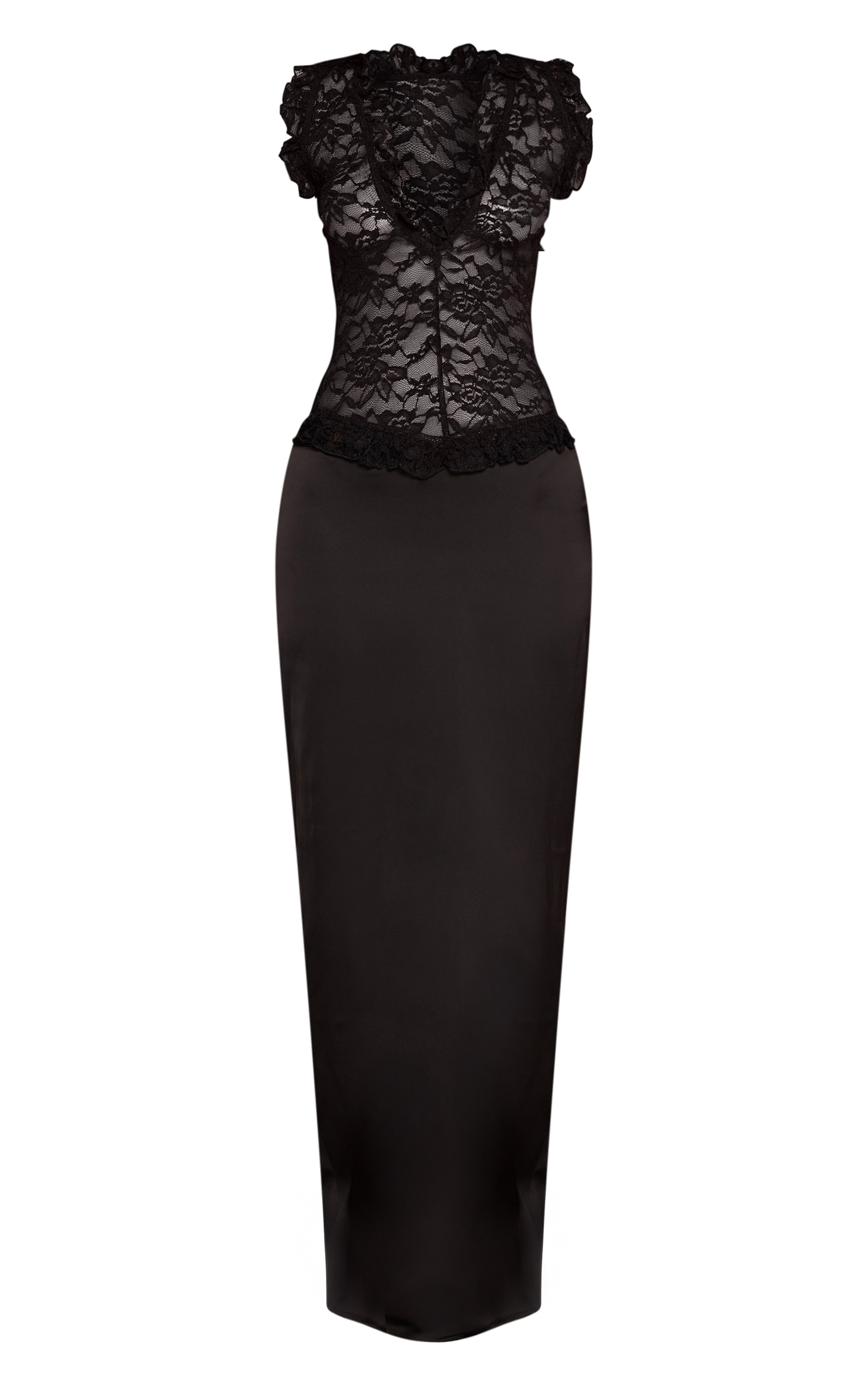 Petite Black Frill Lace Sleeve V Neck Satin Hem Fitted Maxi Dress image 5