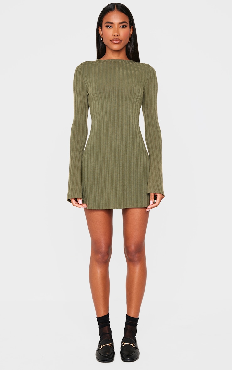 Khaki Rib Tie Cut Out Back Bodycon Dress image 3