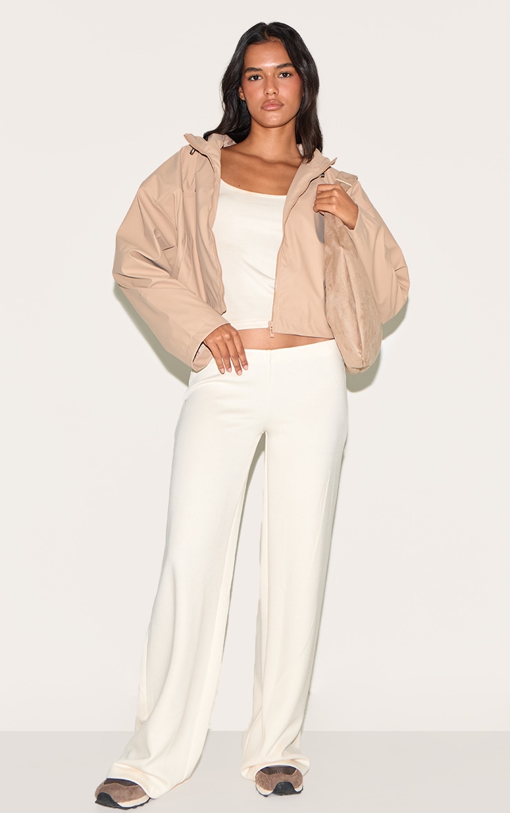 Beige Pu Faux Leather Cropped Hooded Jacket image 3