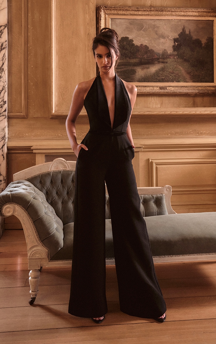 PLT Label Black Velvet Bow Detail Wide Leg Jumpsuit image 1