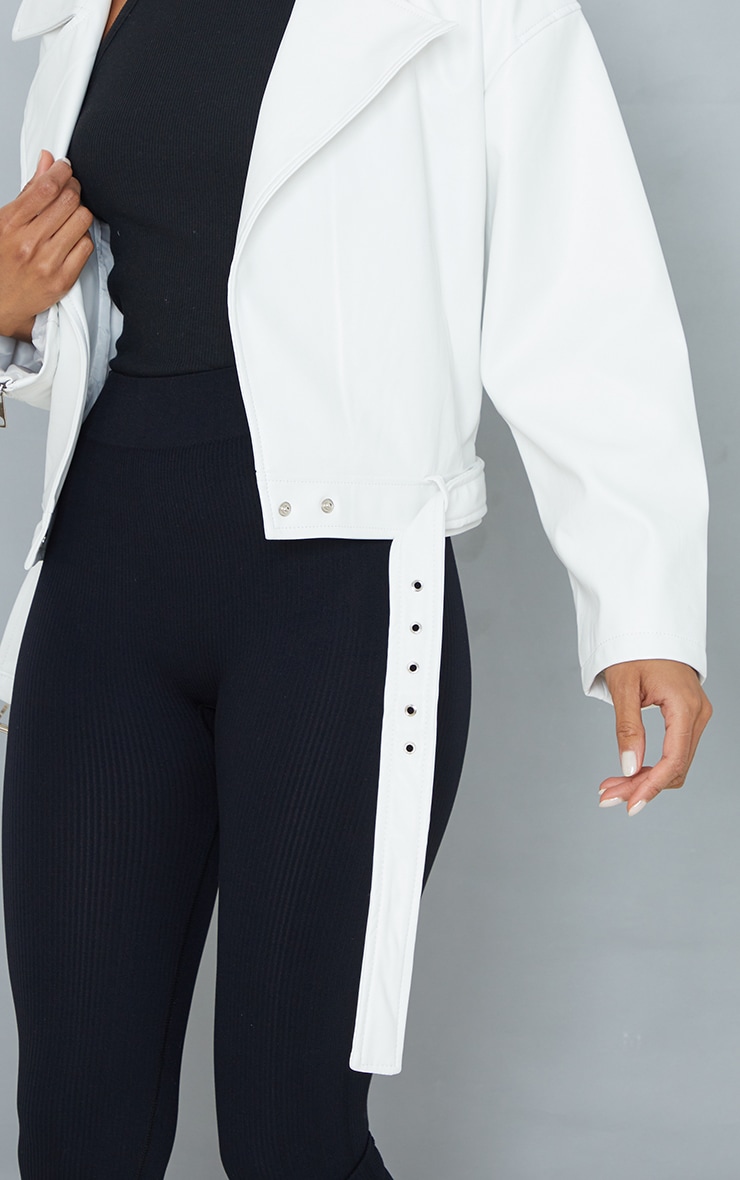 White Faux Leather Relaxed Fit Belted Biker Jacket image 4