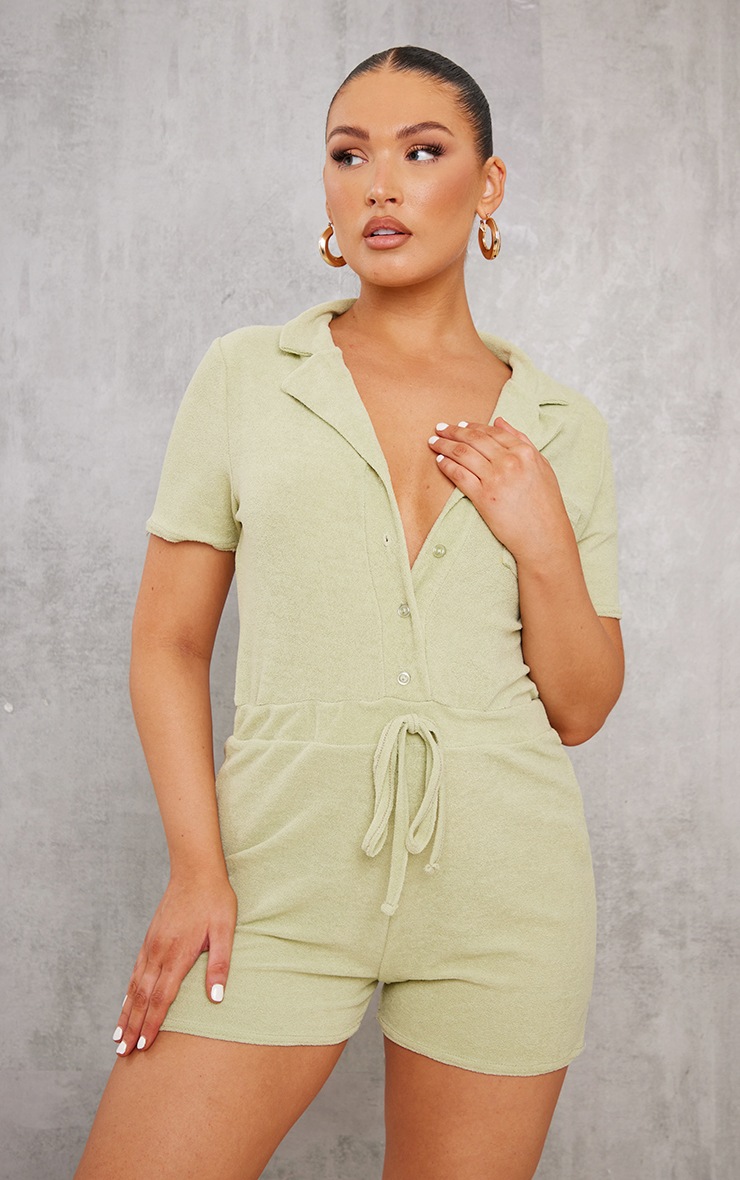 Sage Toweling Pocket Detail Collared Short Sleeve Playsuit image 3