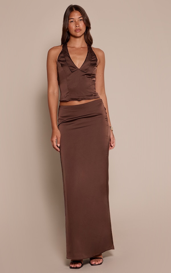 Chocolate Satin Low Rise Maxi Skirt