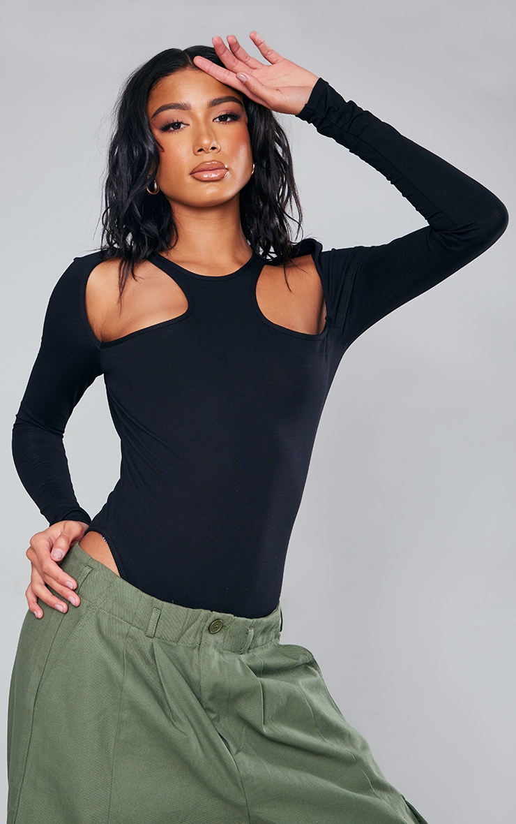 Black Cutout Shoulder Long Sleeve Bodysuit