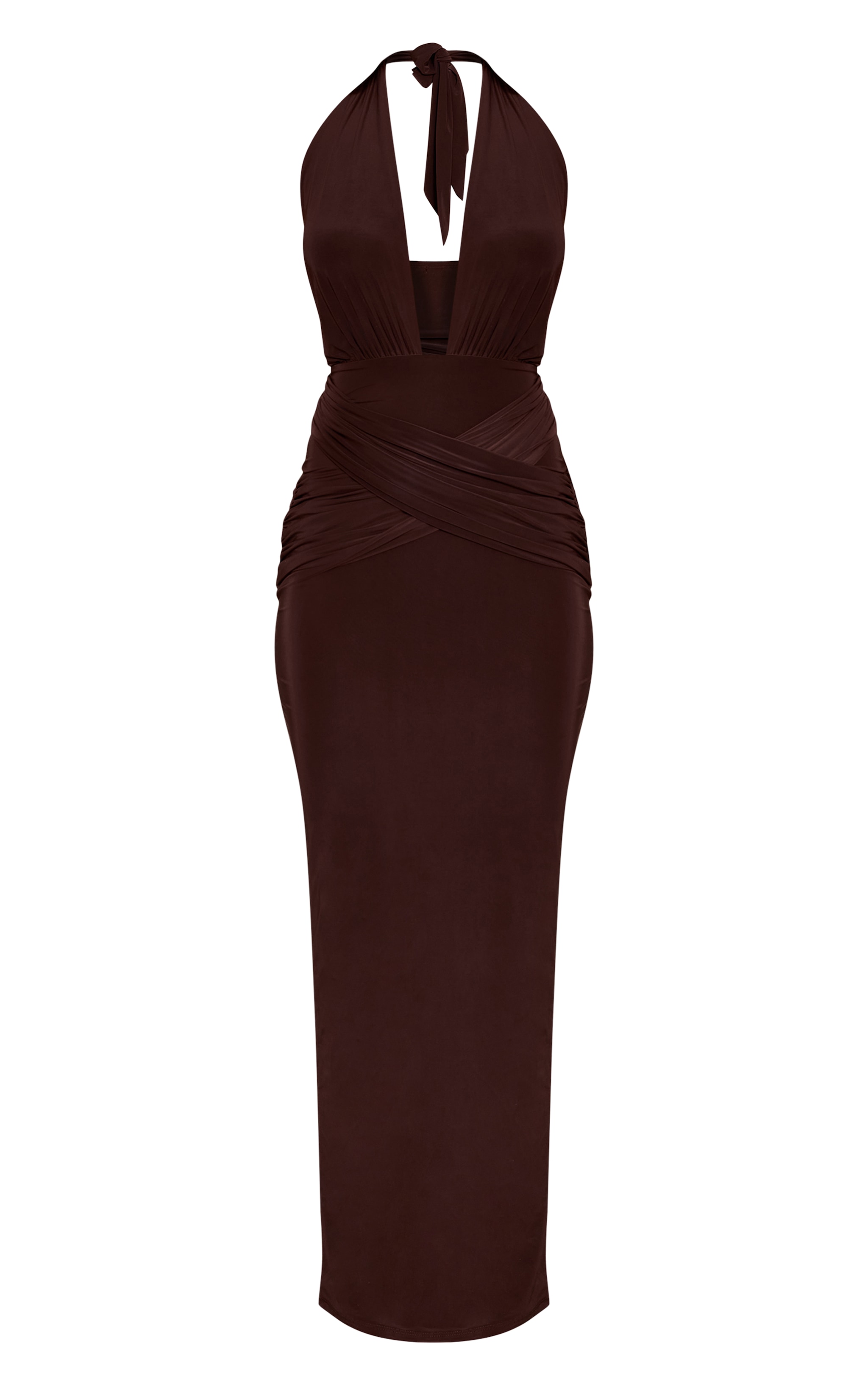 Robe longue moulante chocolat à décolleté et parties superposées image 5