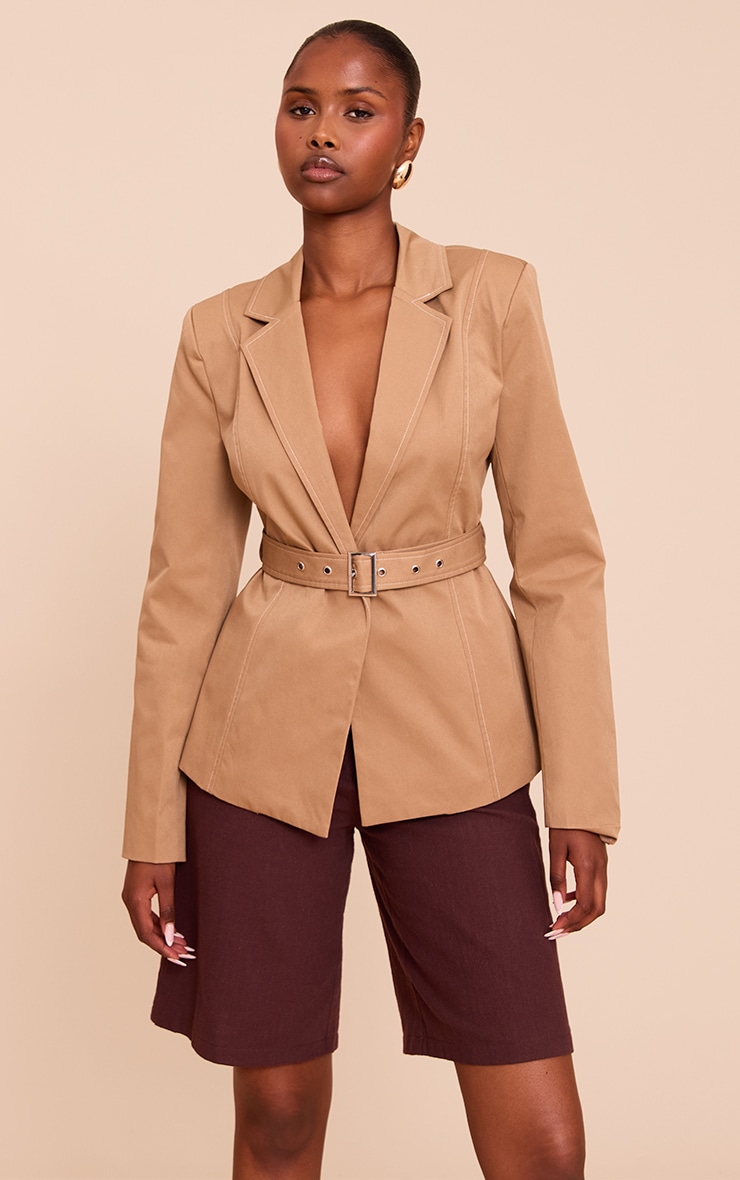 Beige Tie Waist Contrast Stitch Blazer image 1