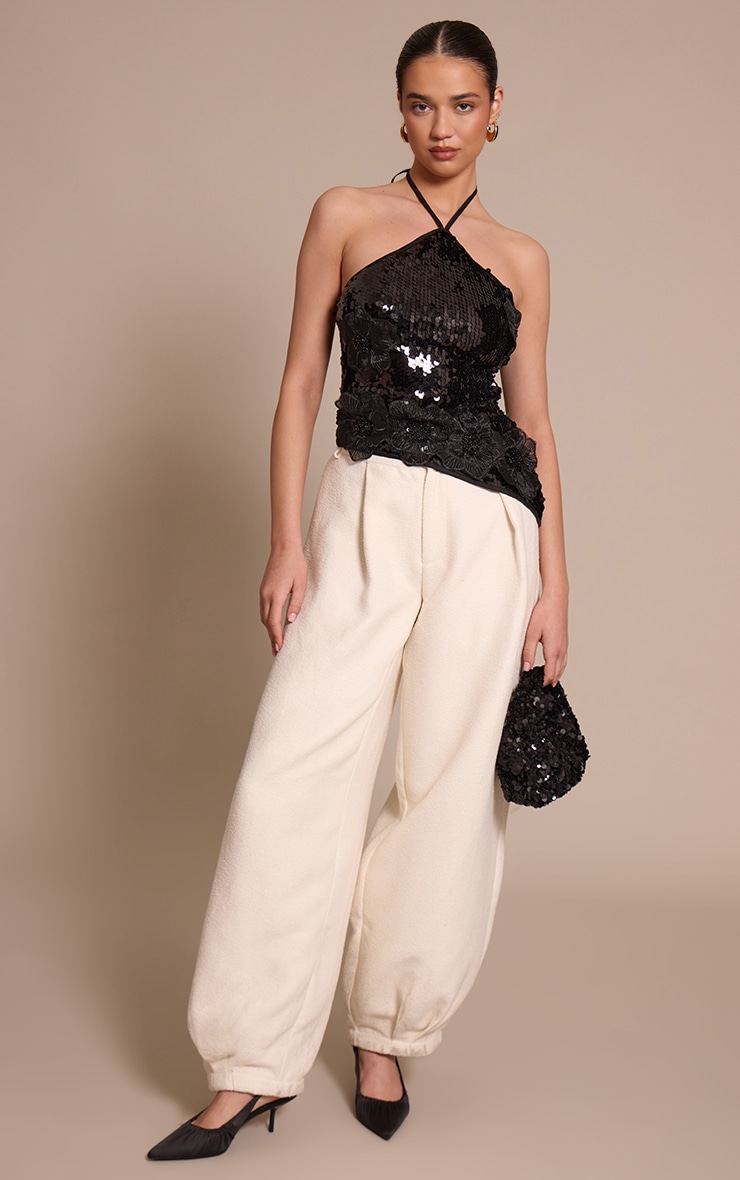Black Sequin Flower Detail Asymmetric Top image 3