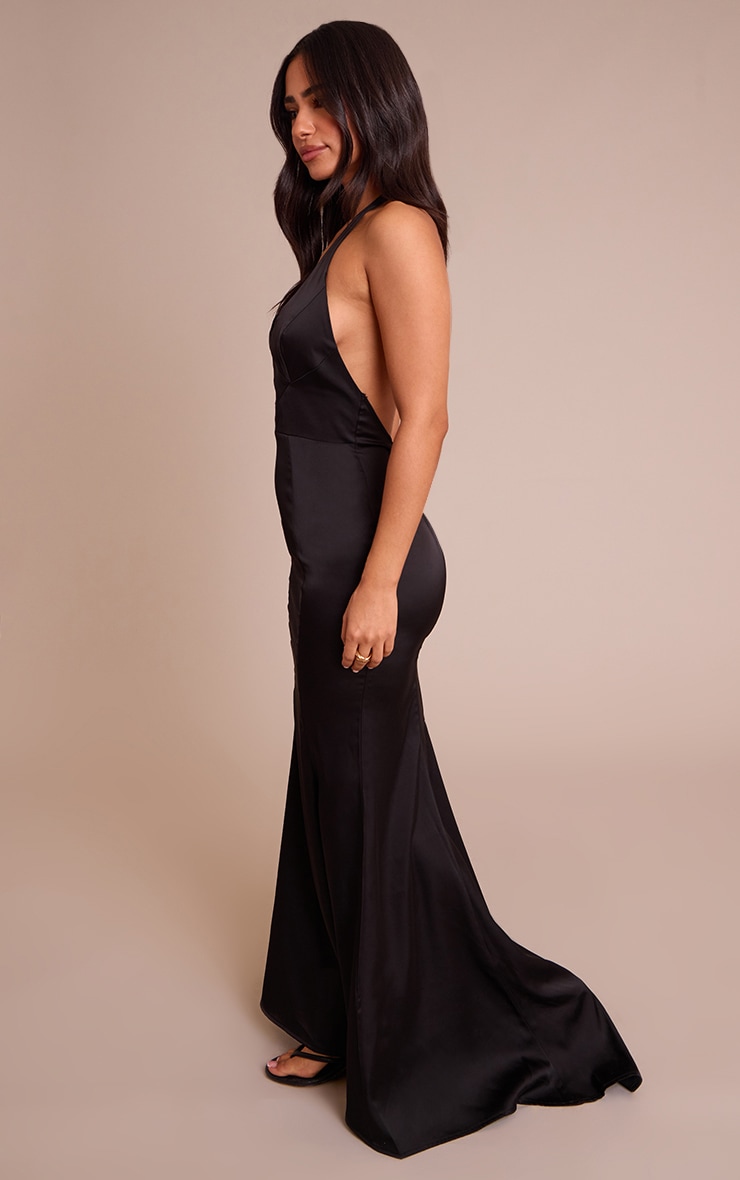 Petite Black Seam Detail Halterneck Satin Maxi Dress image 3