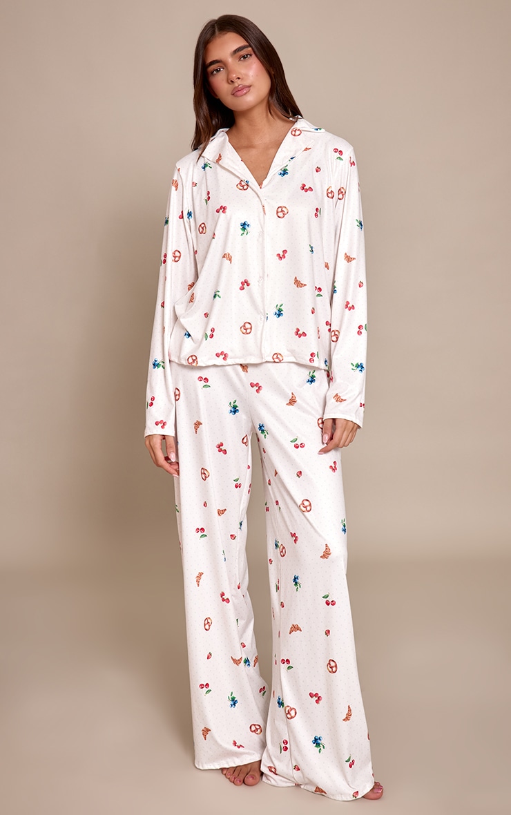 Cream Berry and Polka Dot Print Long Sleeve Button Through Pj Set image 3