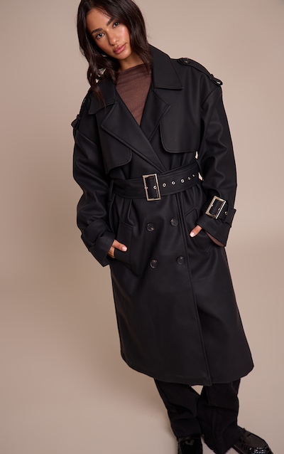 Petite Black Faux Leather Buckle Trench Coat