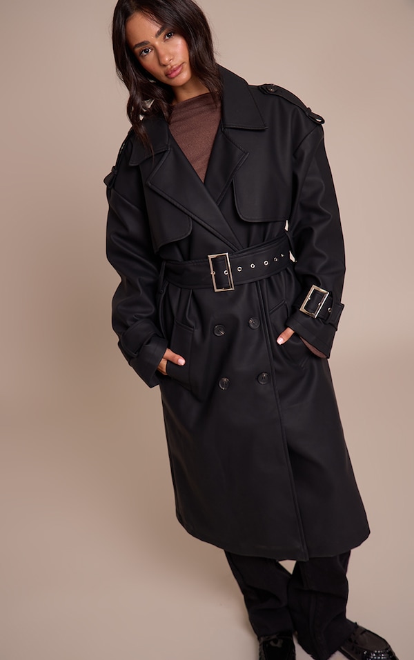Petite Black Faux Leather Buckle Trench Coat