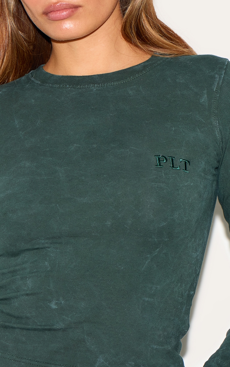 PRETTYLITTLETHING Forest Green Washed Longline Cotton Long Sleeve Fitted T-shirt image 4