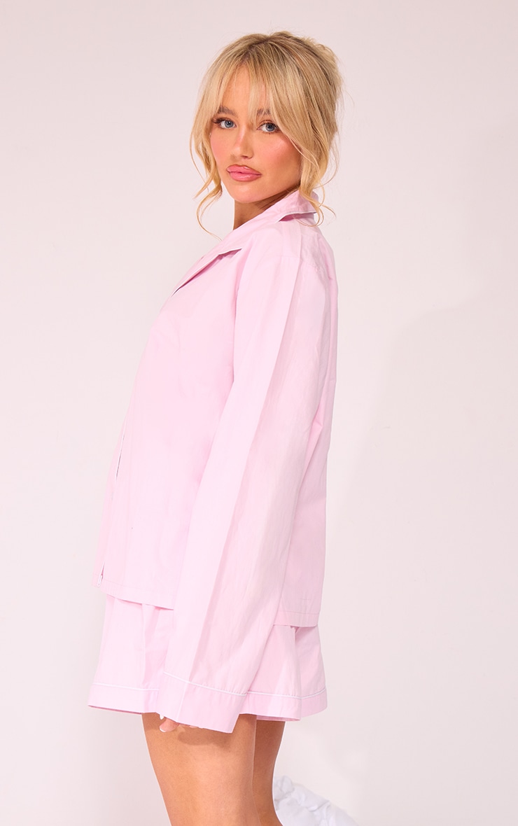 Baby Pink Cotton Poplin Piping Long Sleeve Shirt And Short PJ Set image 2