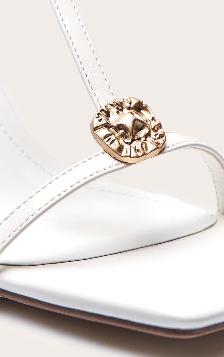 White Pu Square Toe Trim Detail Ankle Strap Mid Heeled Sandals image 5